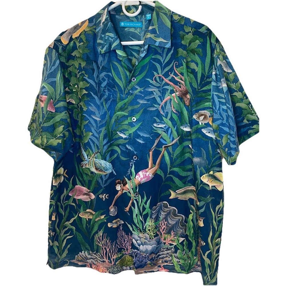 Tori Richard Mens L Hawaiian Camp Shirt Underwater Diver Fish Print Tencel Linen